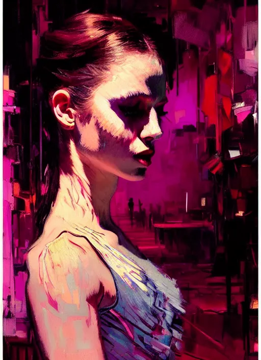 Image similar to nightclub portrait of a beautiful girl, ecstatic dancing, eyes closed, shades of pink, beautiful face, rule of thirds, intricate outfit, spotlight, by greg rutkowski, by jeremy mann, by francoise nielly, by van gogh, digital painting