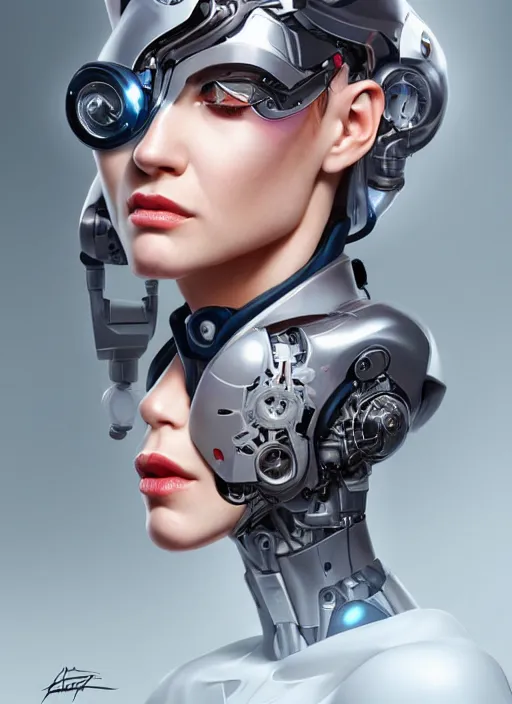 Image similar to portrait of a cyborg woman who turns her head to the ((((((right))))) left+345 (((((up))))) (((((down))))) by Artgerm,eyes closed , biomechanical, hyper detailled, trending on artstation