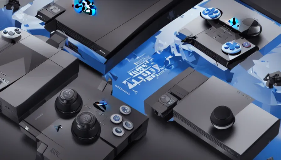 Image similar to playstation 6, black and blue game console, square, hyperdetailed, artstation, cgsociety, 8 k