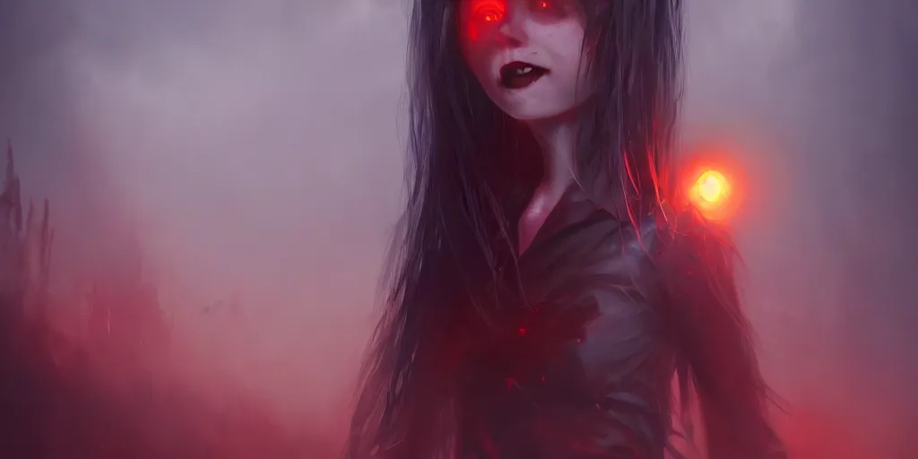 Prompt: a vampire girl smiling mysteriously standing in heavy mist, red glowing eyes, golden hour, fantasy, sharp focus, digital art, hyper realistic, 4 k, unreal engine, highly detailed, hd, dramatic lighting by brom, trending on artstation