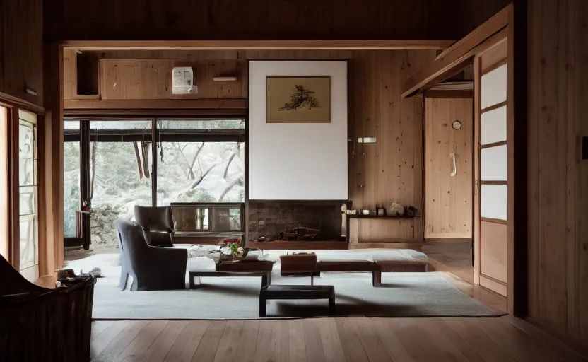 Prompt: luxurious wooden cottage by rockwell group, modern japanese living room murder scene actual footage, japanese wabi - sabi arrangements, coherent composition, architectural photography