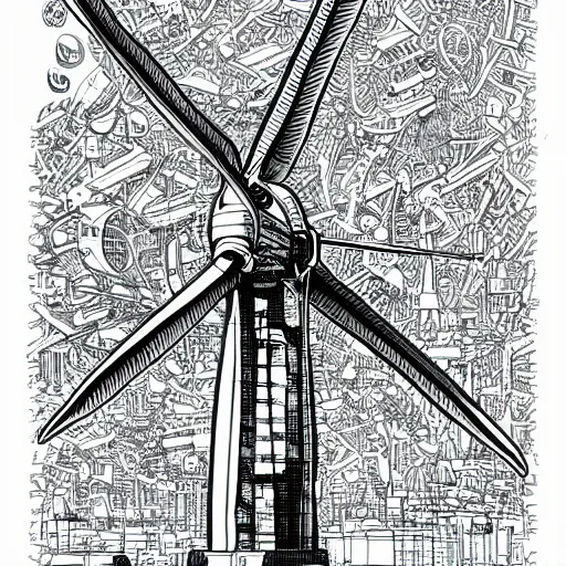 Image similar to hyper detailed comic illustration of a wind turbine blueprint, black ball pen on white paper, by Josan Gonzalez and Geof Darrow, simplistic