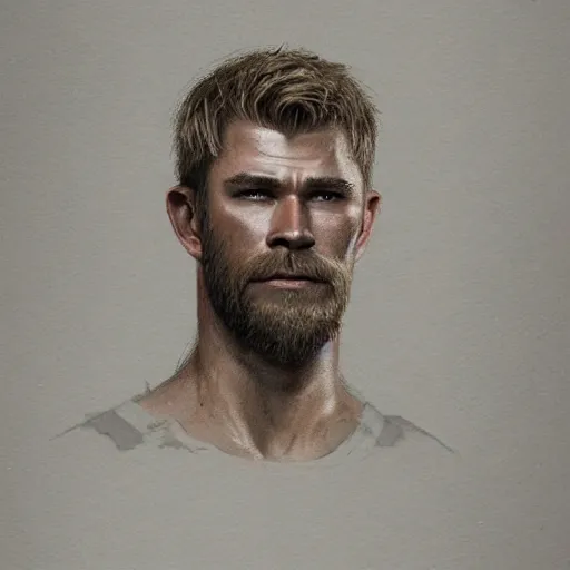 Image similar to a portrait of a medieval knight with a short beard and short blonde hair drawn in the style of greg rutkowski, face of chris hemsworth, trending on artstation, realistic, detailed