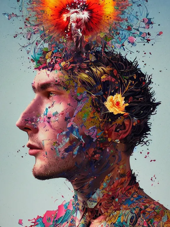 Prompt: art portrait of man with flower exploding out of head,by tristan eaton,Stanley Artgermm,Tom Bagshaw,Greg Rutkowski,Carne Griffiths,trending on DeviantArt,face enhance,chillwave,minimalist,shadows,city,full of colour,