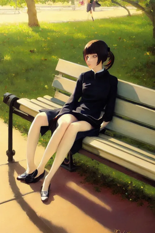 Prompt: A ultradetailed beautiful panting of a stylish girl siting on a park bench, Oil painting, by Ilya Kuvshinov, Greg Rutkowski and Makoto Shinkai