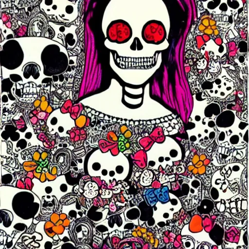 Image similar to portrait painting goofy skull skeleton, hello kitty, comic book, pokemon, highly detailed, art by Singer Sargent and damien hirst