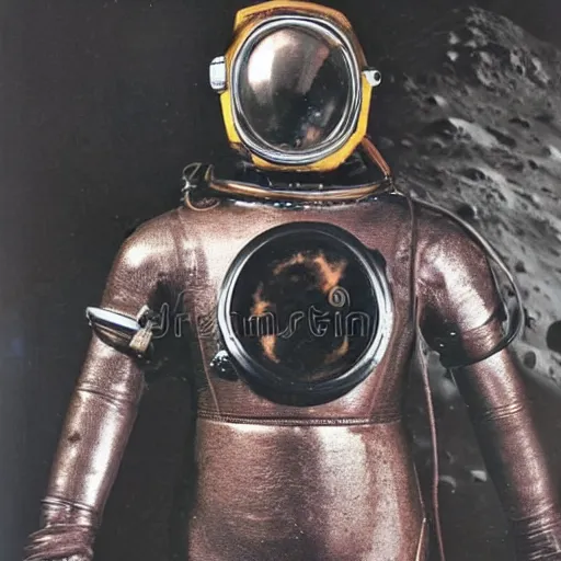 Prompt: detailed photo of an early diving suit with copper helmet diver holding an electric guitar on the moon. old diving suit pictures. old diving suit. early diving suit. old diving suit stock photos. detailed