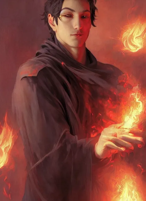 Image similar to character concept portrait of an attractive young focused Spanish wizard with pale red enchanting a flaming seduction spell, a floating burning spell book in the center, intricate, elegant, digital painting, concept art, smooth, sharp focus, illustration, from Metal Gear, by Ruan Jia and Mandy Jurgens and William-Adolphe Bouguereau, Artgerm