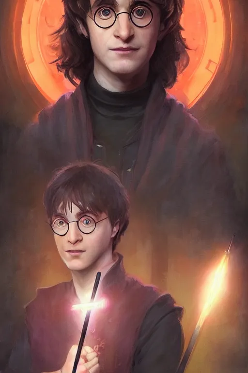 Image similar to portrait of Harry Potter with faciap in cyberpunk, neon lighting, holding laser wand, digital art from artstation by Ruan Jia and Mandy Jurgens and Artgerm and william-adolphe bouguereau and Greg Rutkowski and Wayne Barlowe