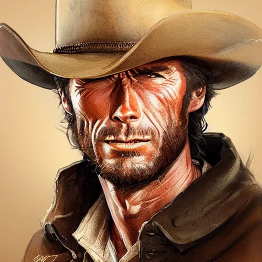 Image similar to rugged male cowboy, clint eastwood, headshot, D&D, painted fantasy character portrait, highly detailed, digital painting, artstation, concept art, sharp focus, illustration, art by artgerm and greg rutkowski and alphonse mucha