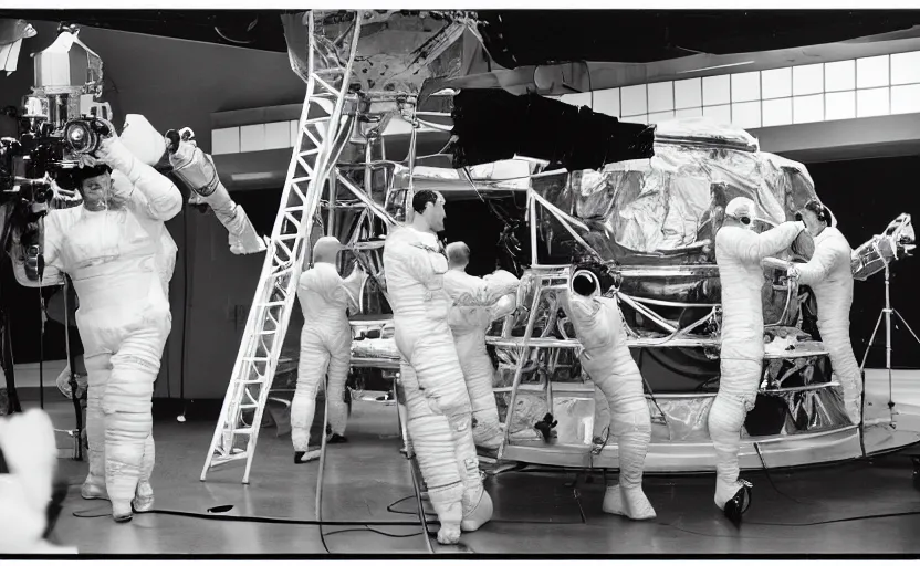 Image similar to Behind the scenes photos of the faked Apollo 11 Lunar landing on a Hollywood sound stage directed by Stanley Kubrick. Leica IIIc, 35mm. Black and white film. Grainy, low contrast, blurry, candid