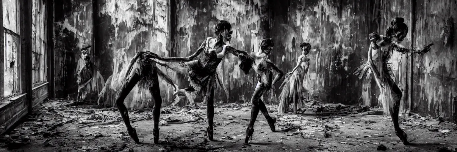 Image similar to a pair of horror zombie ballerina's in black latex tutu dancing swanlake in a rundown, moldy and dirty theater. light is coming in via stained windows, henri cartier besson