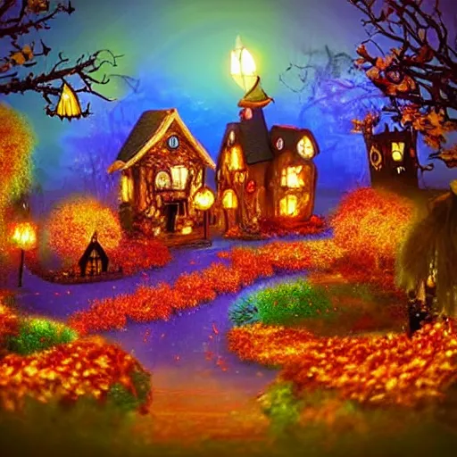 Prompt: Spooky Autumn Fantasy Art Halloween Village Decorations Flowers Glowing ghosts at night