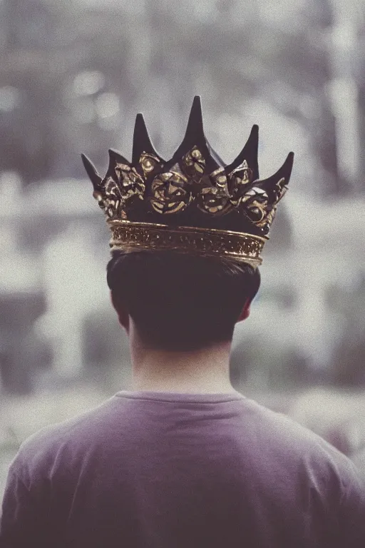 Image similar to agfa vista 4 0 0 close up photograph of a guy wearing an intricate gothic crown, back view, synth vibe, vaporwave colors, lens flare, moody lighting, moody vibe, telephoto, 9 0 s vibe, blurry background, grain, tranquil, calm, faded!,