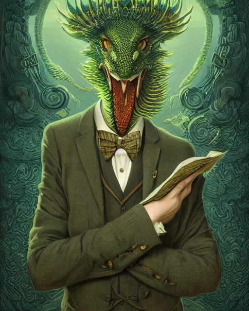 Image similar to anthropomorphic art of a businessman dragon, green dragon, portrait, victorian inspired clothing by artgerm, victo ngai, ryohei hase, artstation. fractal papers, newspaper. stock certificate, highly detailed digital painting, smooth, global illumination, fantasy art by greg rutkowsky, karl spitzweg, jc leyendecker