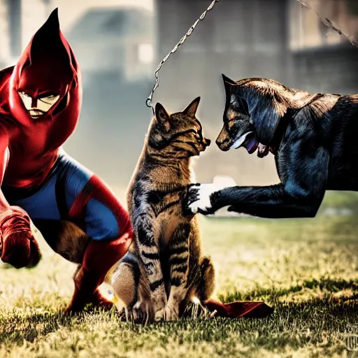 Image similar to dog-man fights cat-woman 8k photograph