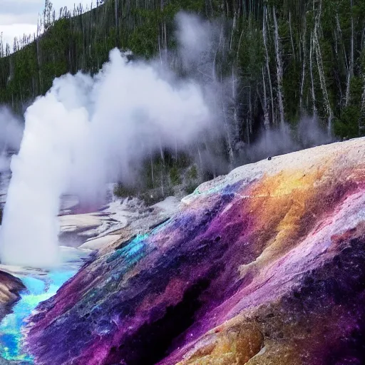 Prompt: ultra high definition 8 k footage david attenbrough nature documentry yellowstone geyser at night surrounded by giant amethyst opal crystals