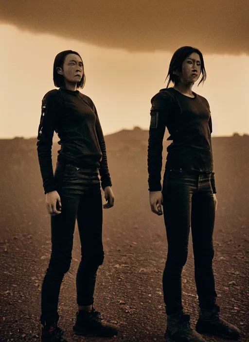 Image similar to cinestill 5 0 d photographic portrait of two loving female androids wearing rugged black techwear on a desolate plain with a red sky, extreme closeup, lizard on ground, cyberpunk style, in front of a brutalist dark metal facility, dust storm, 8 k, hd, high resolution, 3 5 mm, f / 3 2, ultra realistic faces