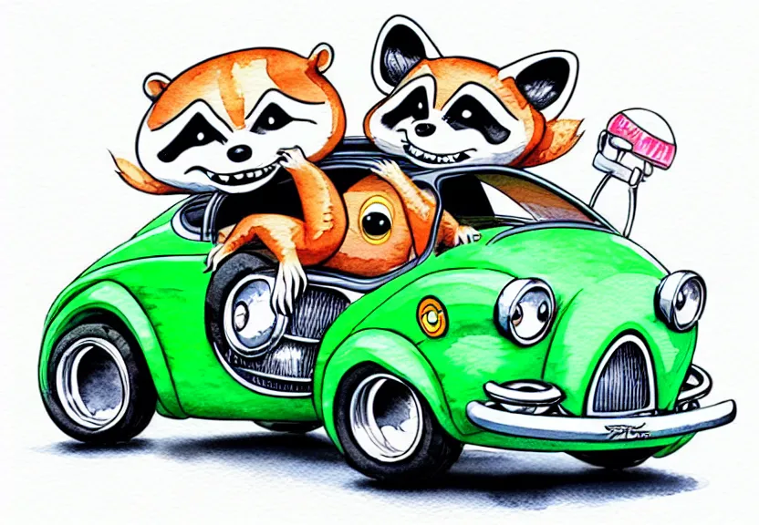 Image similar to cute and funny, racoon riding in a tiny hot rod coupe with oversized engine, ratfink style by ed roth, centered award winning watercolor pen illustration, isometric illustration by chihiro iwasaki, edited by range murata