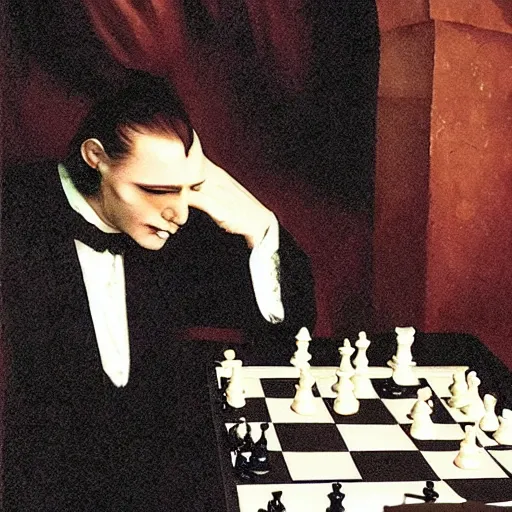 Prompt: Dracula melancolicly play chess, award winning photo