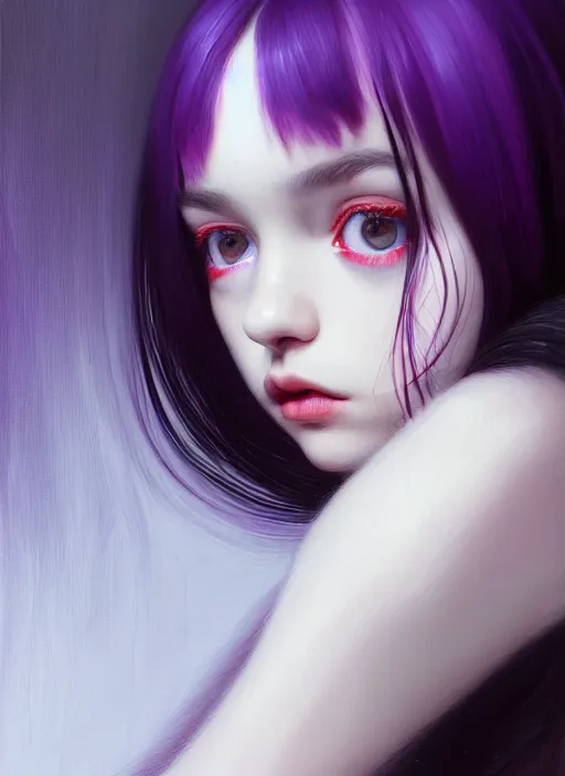 Image similar to portrait of teenage girl, red irises, bangs, black hair, black and white hair, white bangs, purple clothes, white bangs, bangs, black hair and white bangs, intricate, elegant, glowing lights, highly detailed, digital painting, artstation, concept art, smooth, sharp focus, illustration, art by wlop, mars ravelo and greg rutkowski