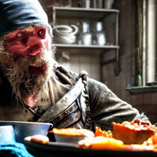 Prompt: a cyberpunk british magical hobo breaks into some ork's kitchen and attacks them, 4 k, detailed, real life photo, sharp focus, photorealistic