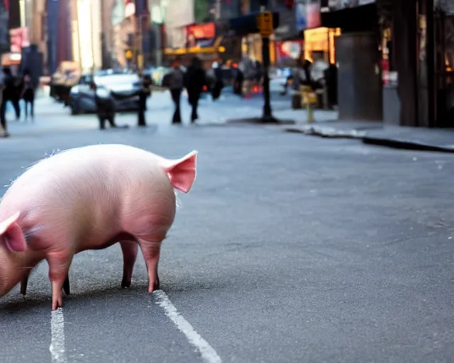 Image similar to pig with a very fat belly in new york city