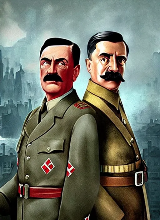 Prompt: poster for a biographical film animation called joseph stalin vs adolf hitler, 8 k, hd, art by craig mullins