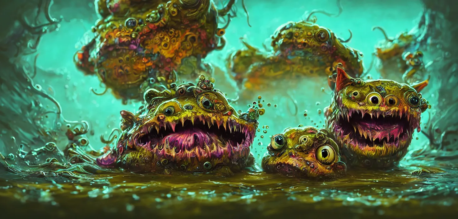 Prompt: intricate colourful murky with strange cute friendly angry crazy creatures with huge eyes long tongue triangle teeth and scary face appearing from the water, in the style of craola, macro lens, shallow depth of field, highly detailed, digital painting, trending artstation, concept art, illustration, cinematic lighting, vibrant colors, photorealism, epic, octane render