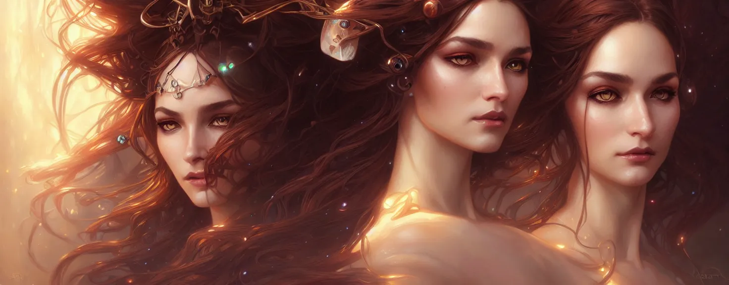 Image similar to fantasy magic woman portrait, sci-fi, amber eyes, face, long hair, fantasy, intricate, elegant, highly detailed, digital painting, artstation, concept art, smooth, sharp focus, illustration, art by artgerm and greg rutkowski and alphonse mucha