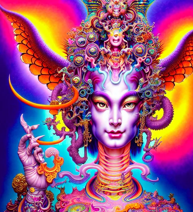 Prompt: lisa frank pattern fantasy character portrait of avalokitesvara, ultra realistic, wide angle, intricate details, blade runner artifacts, highly detailed by peter mohrbacher, wayne barlowe, boris vallejo, hajime sorayama aaron horkey, gaston bussiere, craig mullins