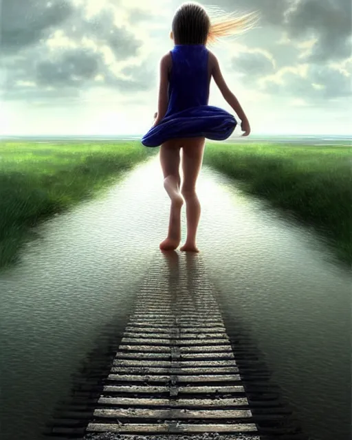 Prompt: a barefoot girl carries her shoes on a lake of reflective water and faintly visible submerged train tracks, water covers everything, large white clouds on a wide horizon, intricate, elegant, highly detailed, digital photo, artstation, concept art, smooth, sharp focus, low angle photo, art by artgerm and greg rutkowski and fra angelico