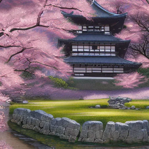 Prompt: a 14th century japanese castle surrounded by cherry blossom trees with diffuse lighting, fantasy, intricate, elegant, highly detailed, lifelike, photorealistic, digital painting, artstation, illustration, concept art, smooth, sharp focus, art by John Collier and Albert Aublet and Krenz Cushart and Artem Demura and Alphonse Mucha
