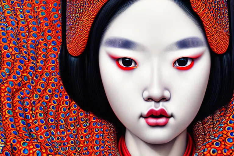 Image similar to hyperrealistic detailed portrait of a geisha, background by yayoi kusama, part by kei mieno, part by ross tran, part by james jean, ultra realistic, highly detailed, symmetrical face, detailed body, 3 d render, very cohesive, masterpiece