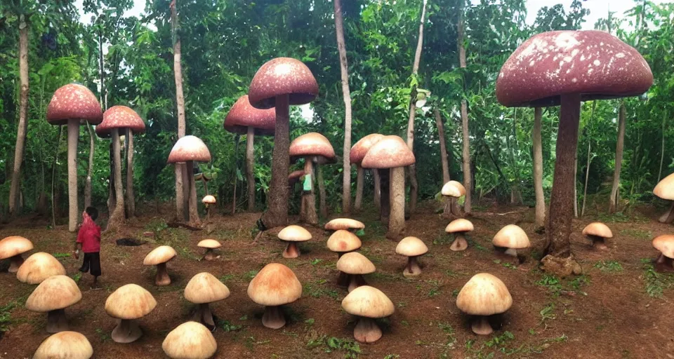 Image similar to A tribal village in a forest of giant mushrooms, by a 8 years old kid,