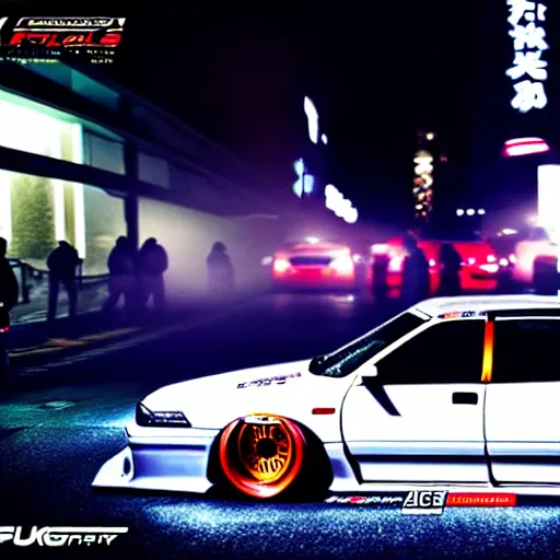 Image similar to a car JZX100 twin turbo drift at illegal car meet, Shibuya prefecture, city midnight mist lights, cinematic lighting, photorealistic, highly detailed wheels, high detail