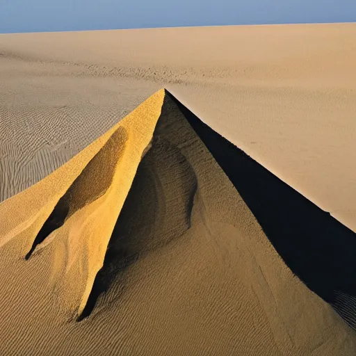 Prompt: a sand dune with a large, pyramidic temple in the middle of it.