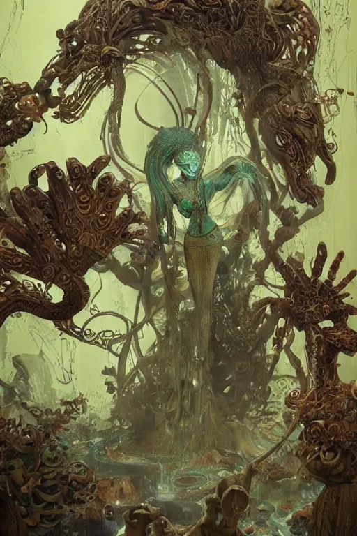 Image similar to epic 3 d oxossi, ifa deity, liquid hands and feet spinning, 2 0 mm, with brown and green water melting smoothly into herbs and wooden contraptions, fierce, animalistic, intricate, houdini sidefx, trending on artstation, by jeremy mann and ilya kuvshinov, jamie hewlett and ayami kojima, 3 d bold