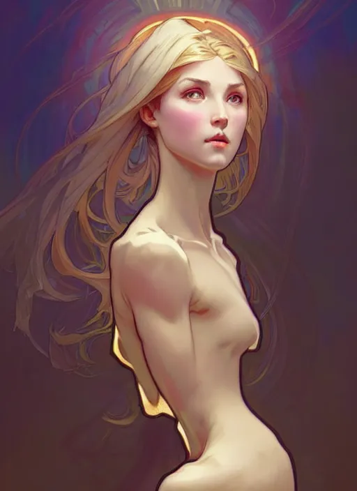 Prompt: digital character concept art by artgerm and greg rutkowski and alphonse mucha. clear portrait of a modern young wife blessed by god to uncontrollably grow overwhelmingly perfect!! blonde, in clothes! feminine well - formed holy body!! light effect. hyper detailed, glowing lights!! intricate, elegant, digital painting, artstation, smooth, sharp focus