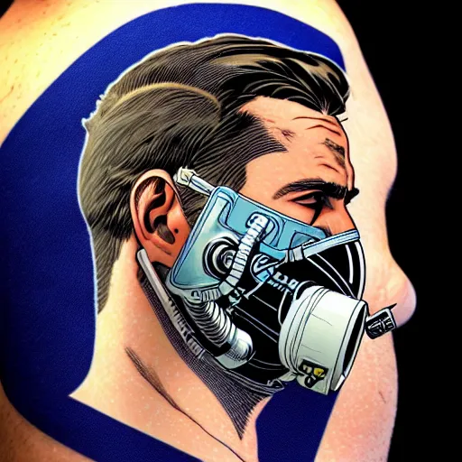 Prompt: portrait of a male diver with a oxygen mask intricate details mask in side profile by MARVEL comics and Sandra Chevrier