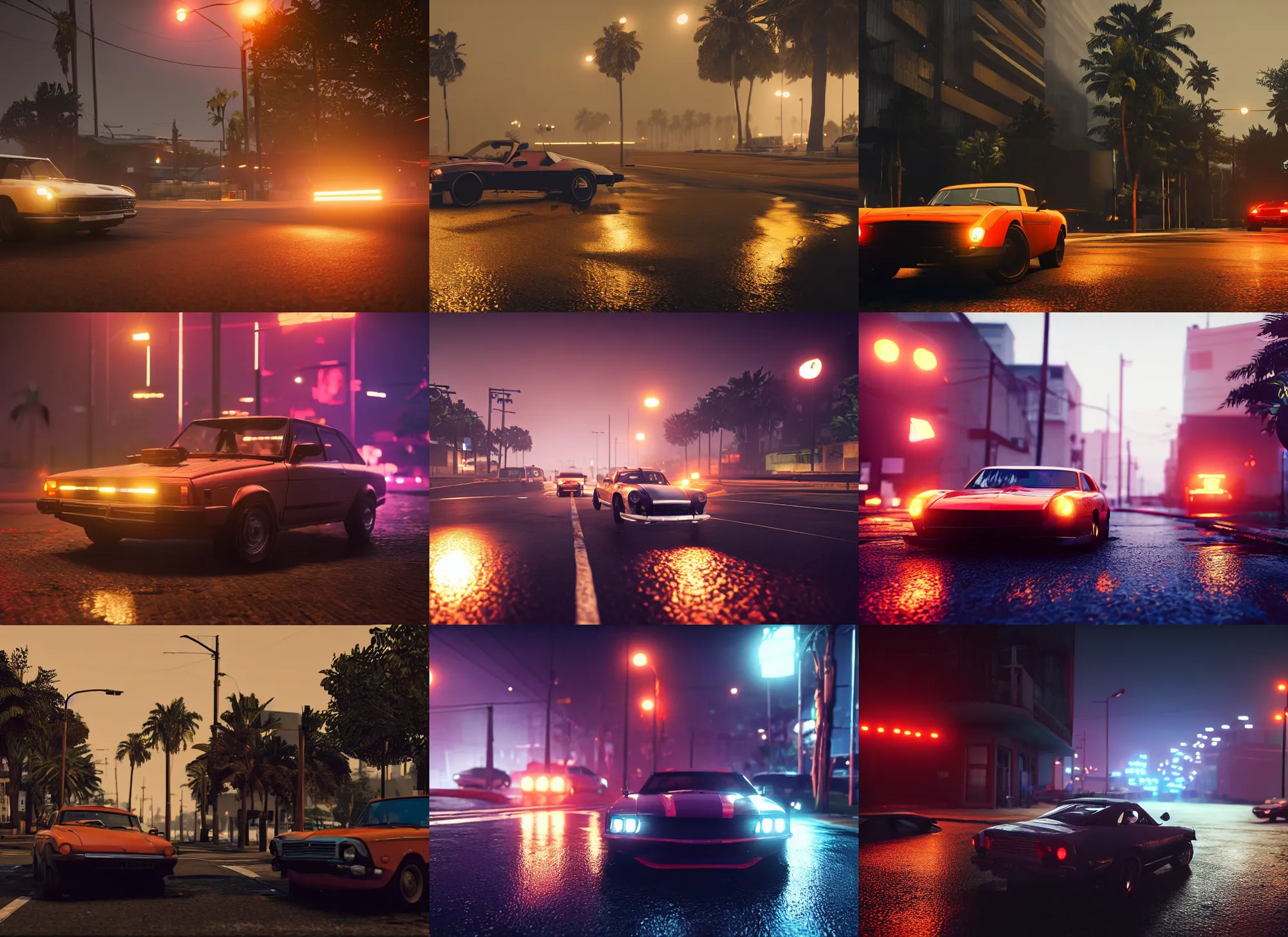 Prompt: gta in bahia, playstation 5 screenshot, mega details, dark night, orange lights, heavy rain, fog, beautiful rtx reflections, photorealistic, unreal engine 5, octane render, volumetric light, cg society, 4 k, bokeh, lada car, artstation