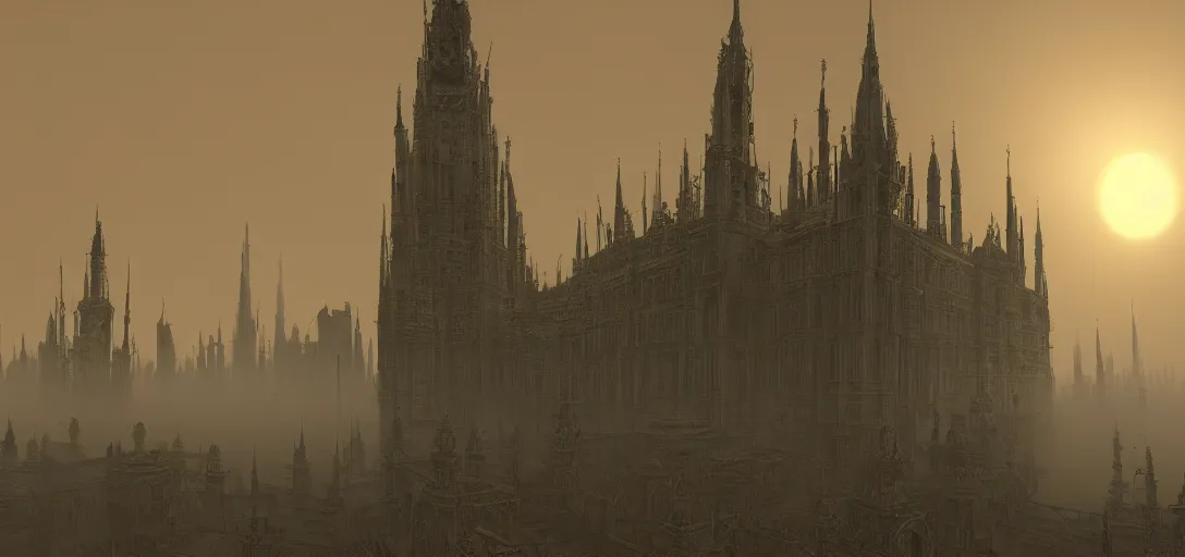 Image similar to A palace with a thousand long, thin spires of metal. Sunset. Thick atmosphere of fog. 4K. Many intrincate details.