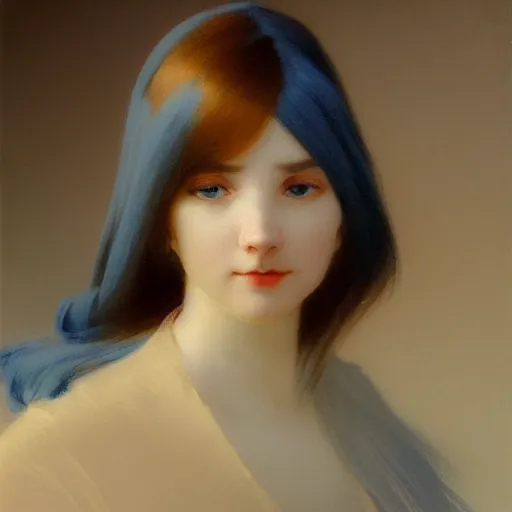 Image similar to a young woman's face, her hair is white and she wears a cobalt blue satin cloak, by ivan aivazovsky and syd mead and moebius and gaston bussiere and roger dean and pieter claesz and paul delaroche and alma tadema and aelbert cuyp, hyperrealistic, volumetric light, octane render