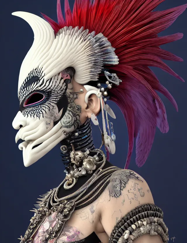 Image similar to 3 d goddess close - up profile portrait punk with mohawk with ram skull. beautiful intricately detailed japanese crow kitsune mask and clasical japanese kimono. betta fish, jellyfish phoenix, bio luminescent, plasma, ice, water, wind, creature, artwork by tooth wu and wlop and beeple and greg rutkowski