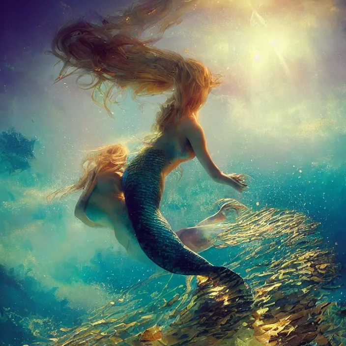 Image similar to gorgeous mermaid swimming underwater, golden hour, god rays, coral reef, dreamscape by artgerm and ruan jia and ismail inceoglu and greg olsen, cosmos, milky way galaxy, masterpiece, beautiful, intricate, elegant, highly detailed, palm trees