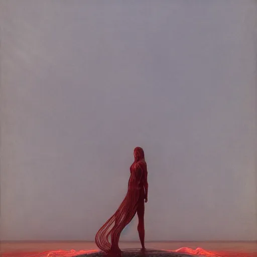 Image similar to portrait, standing in a lake, woman wrapped around by tubes and cables, glowing red, by edgar maxence and ross tran, zdzisław beksinski, and michael whelan, distant, gustav dore, h. r. giger, 8 k, octane render