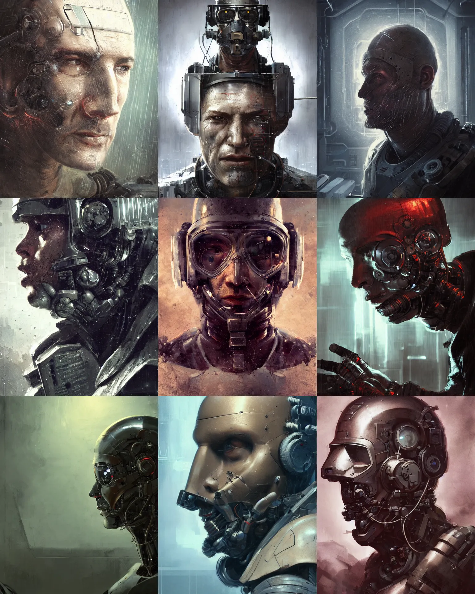 Prompt: a half - masked rugged laboratory engineer man with cybernetic enhancements as seen from a distance, scifi character portrait by greg rutkowski, esuthio, craig mullins, 1 / 4 headshot, cinematic lighting, dystopian scifi outufit, gloomy, profile picture, mechanical, cyborg, half robot, implants, dieselpunk
