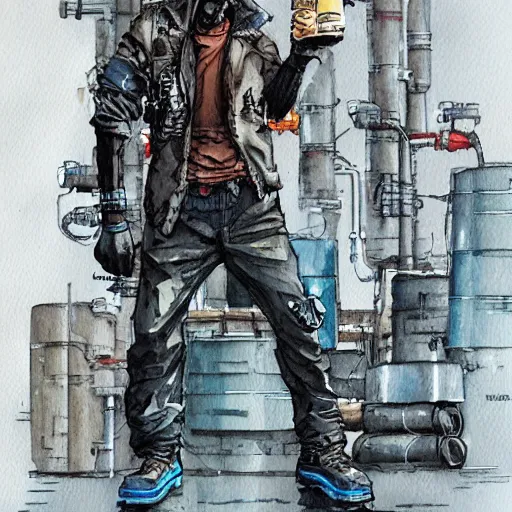 Image similar to watercolor of a cyberpunk mechanic, realistic, detailed, Industrial Scifi, in the style of Ashley Wood and Moebius