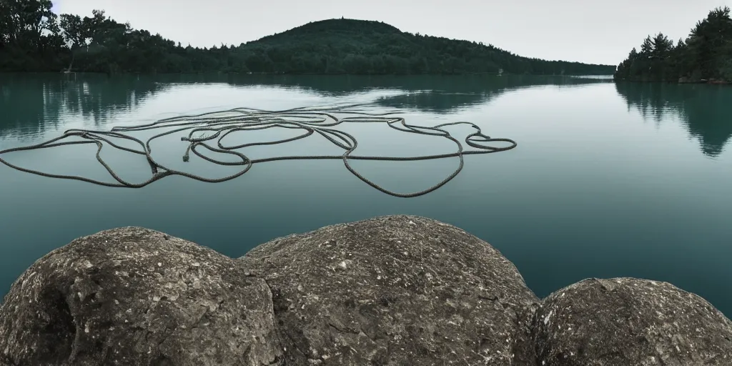 Prompt: centered photograph of a long thick single line of rope zig zagging snaking across the surface of the water into the distance, rocky foreground in front of rope floating submerged underwater rope stretching out towards the center of the lake, a dark lake on a cloudy day, color film, trees in the background, hyper - detailed photo, anamorphic lens