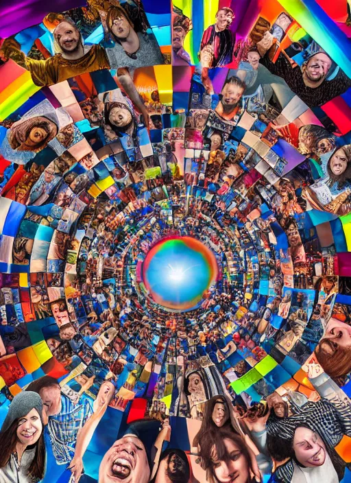 Image similar to group portraits, groups of diverse happy humans holding up large beautiful images, text morphing into rotating objects, highly detailed, super realistic, futuristic hall, perfect lighting pixel sorting